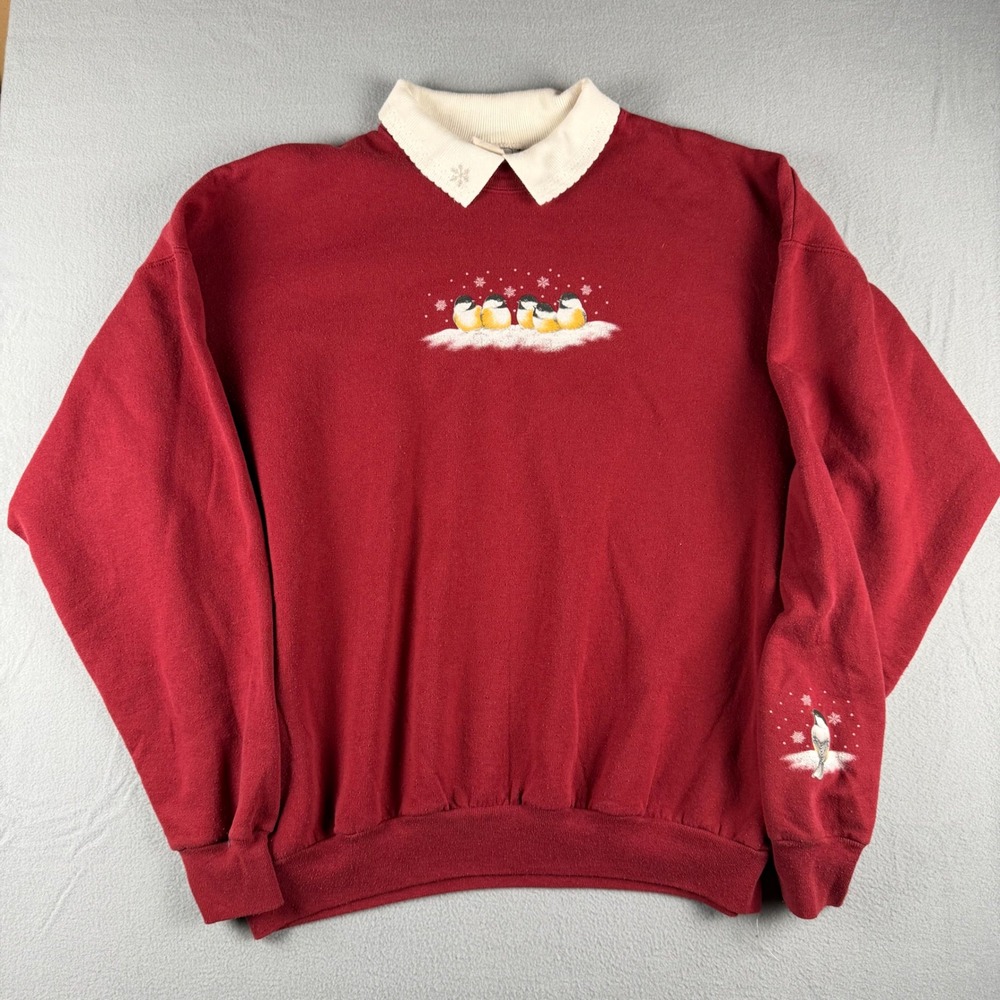 Vintage 90's Grandma Sweatshirt Chickadee Bird Red Double Collar XL Cottagecore
